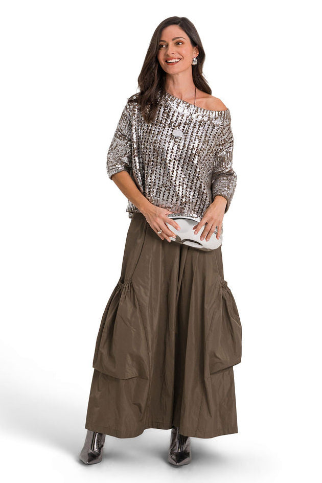 Cotton Metallic Crochet Boatneck Sweater