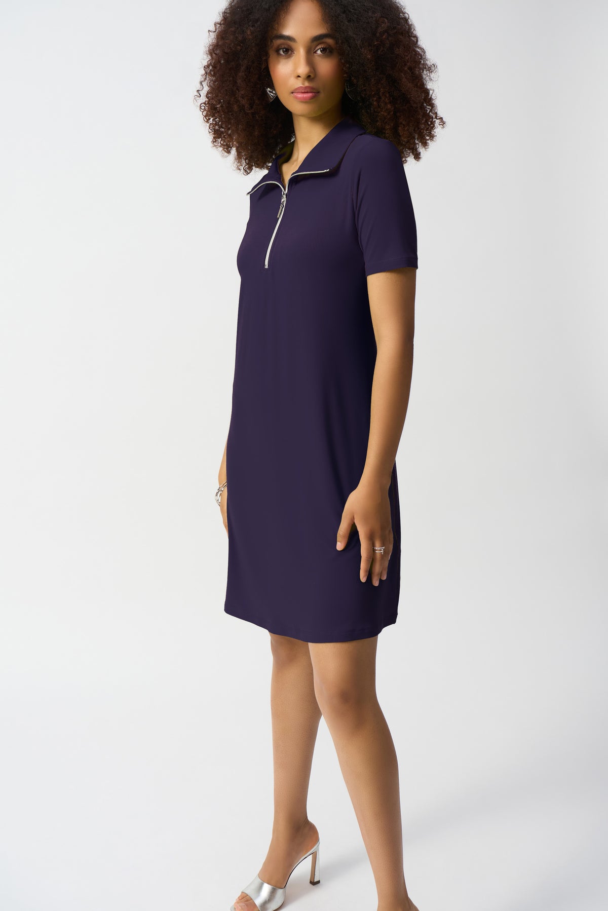 Silky Knit Zipped Collar Trapeze Dress