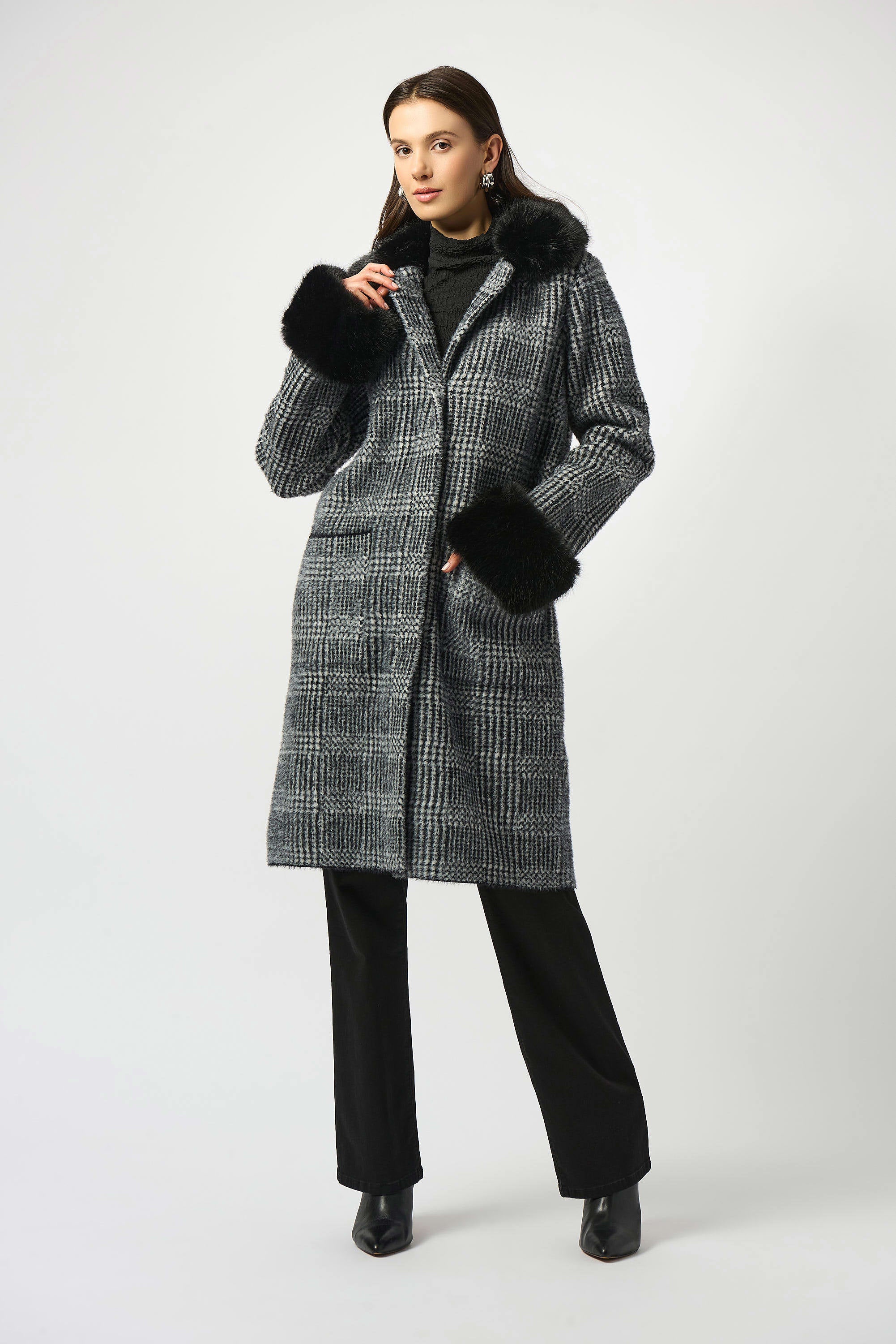 Feather Yarn Plaid Jacquard Coat with Faux Fur Trim