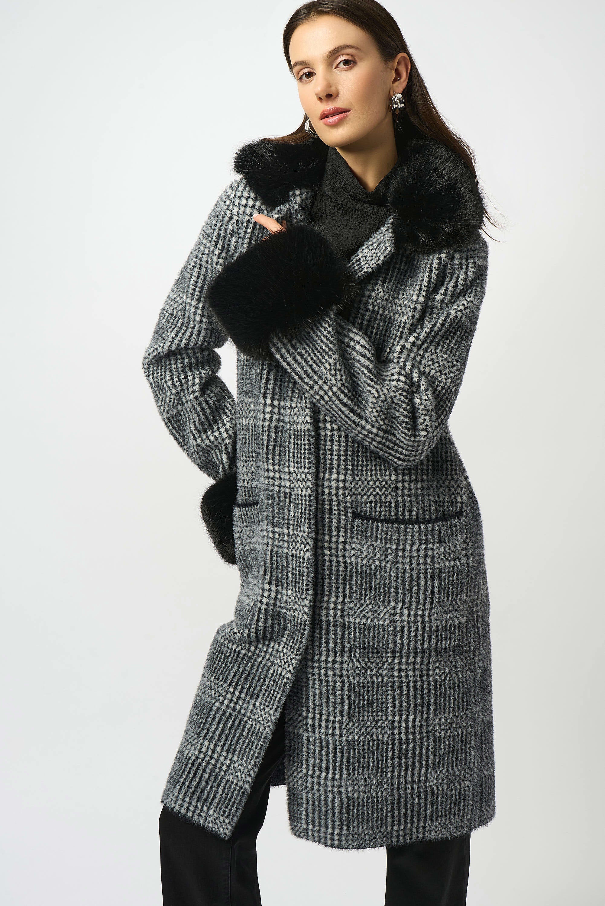 Feather Yarn Plaid Jacquard Coat with Faux Fur Trim