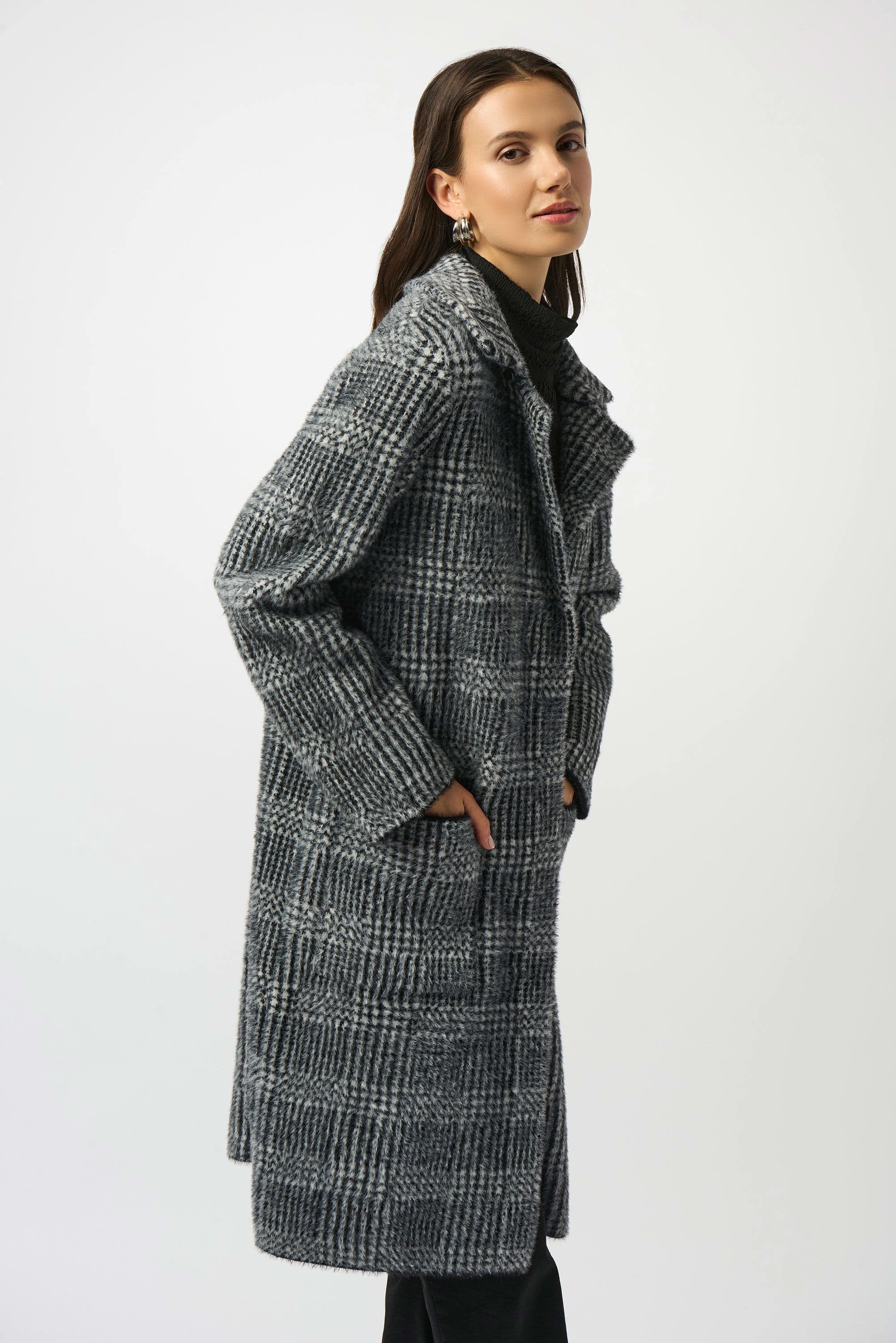 Feather Yarn Plaid Jacquard Coat with Faux Fur Trim