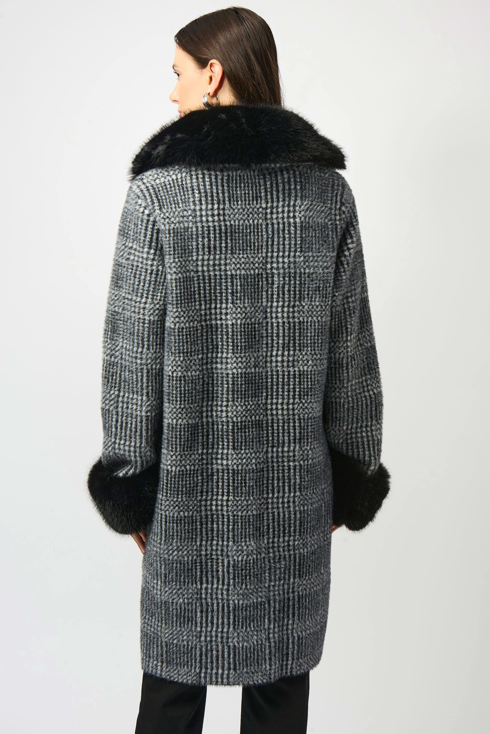 Feather Yarn Plaid Jacquard Coat with Faux Fur Trim