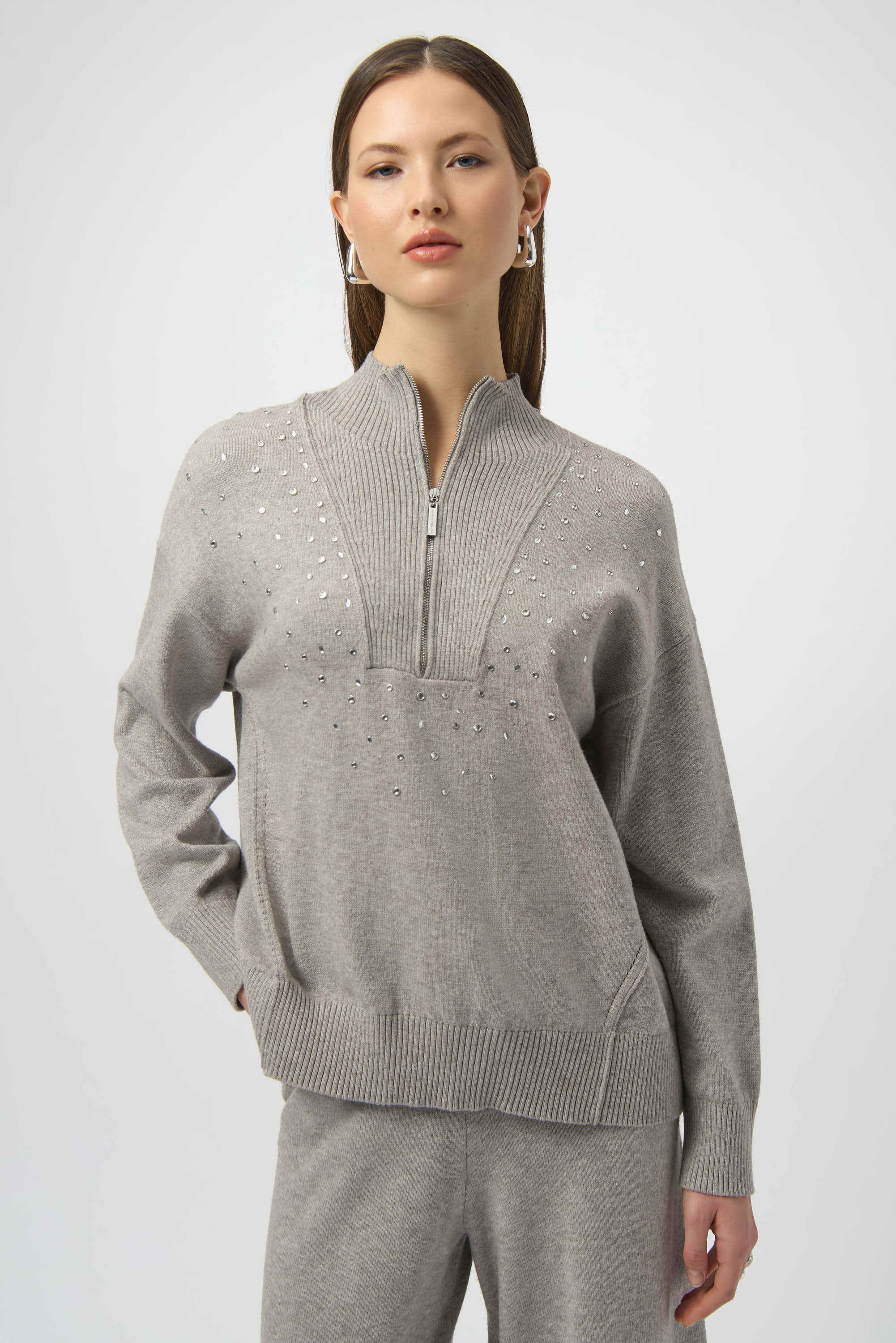 Sweater Knit Mock Neck Pullover with Rhinestones