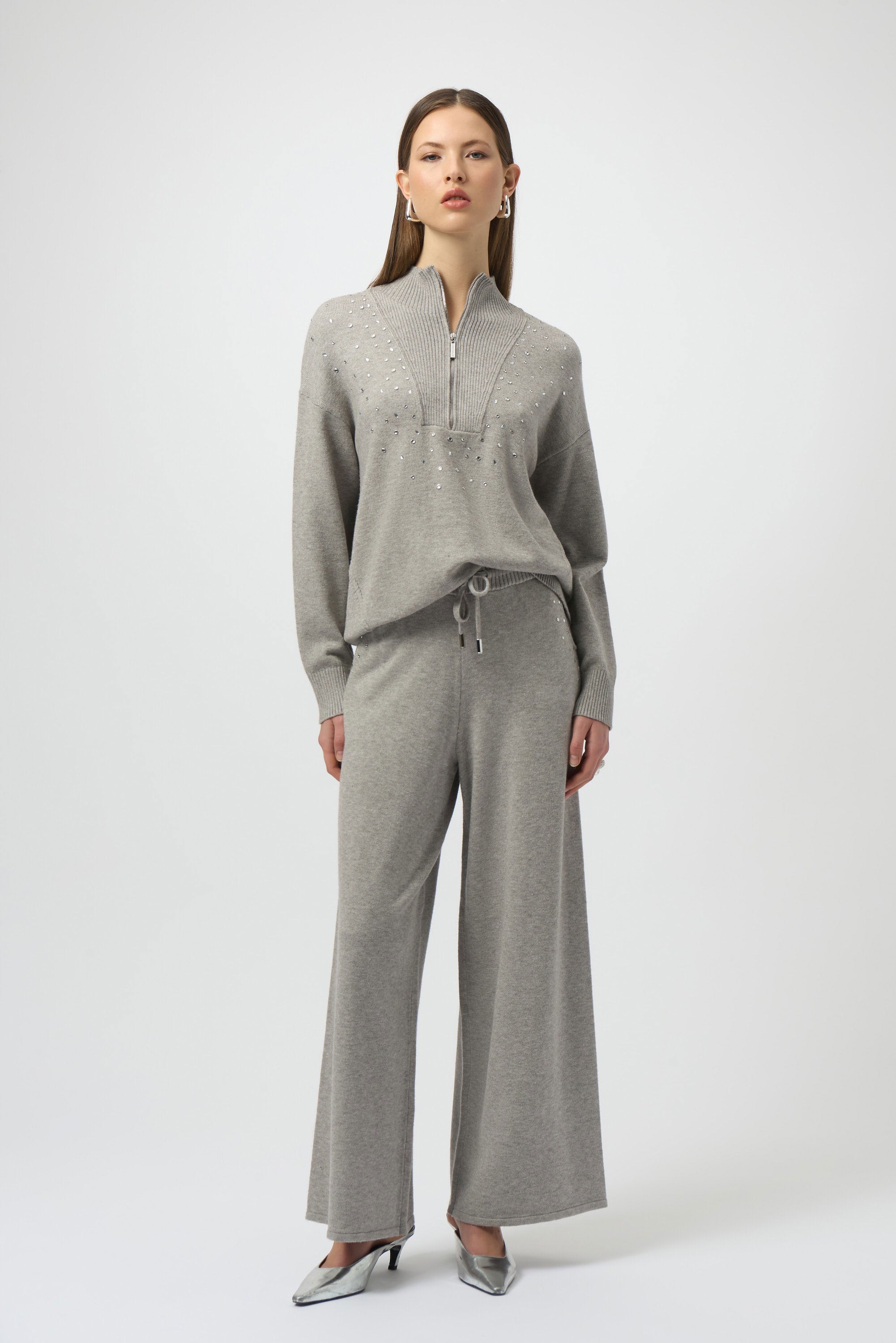 Sweater Knit Mock Neck Pullover with Rhinestones