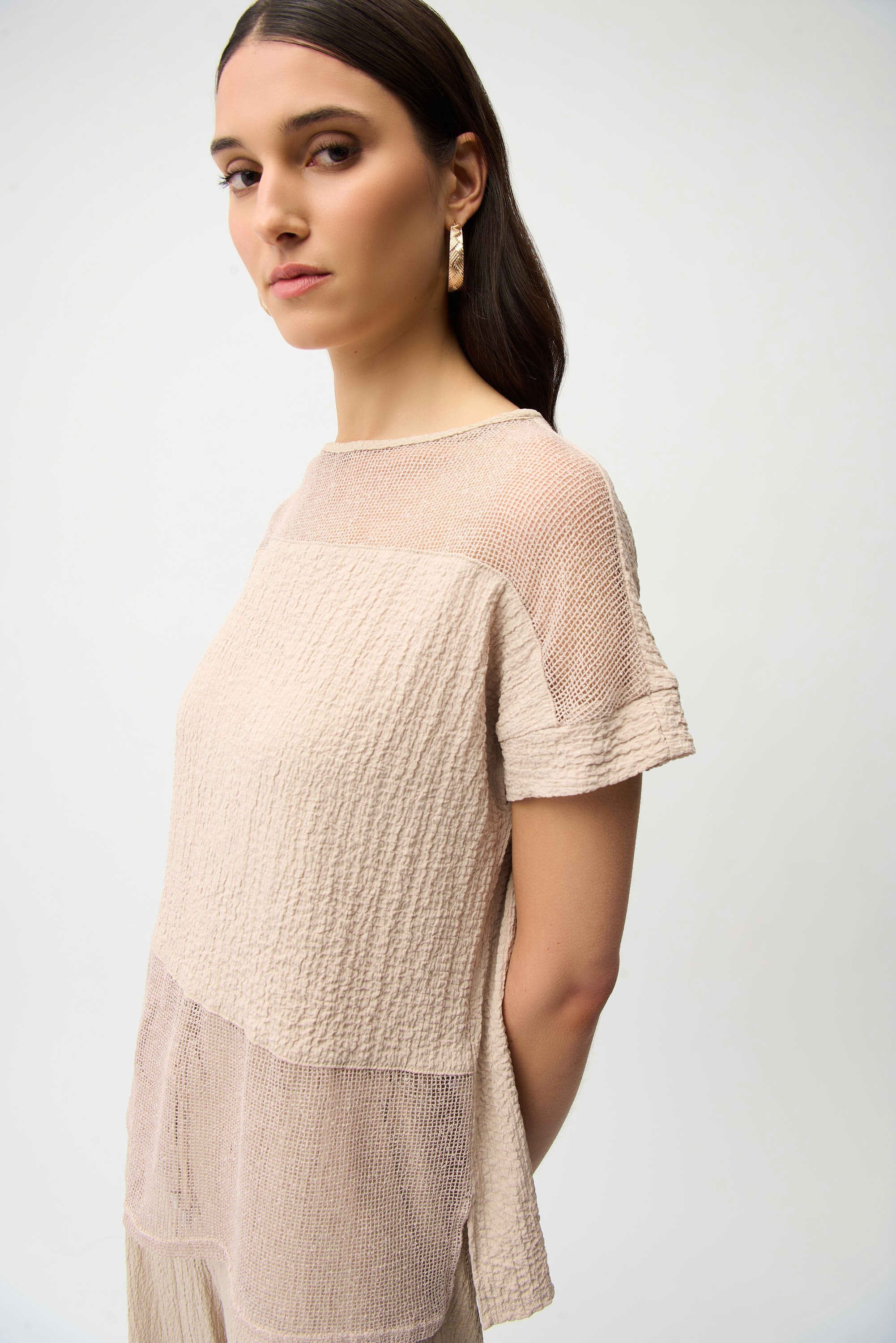 Seersucker and Mesh Boxy Top With Boat Neckline