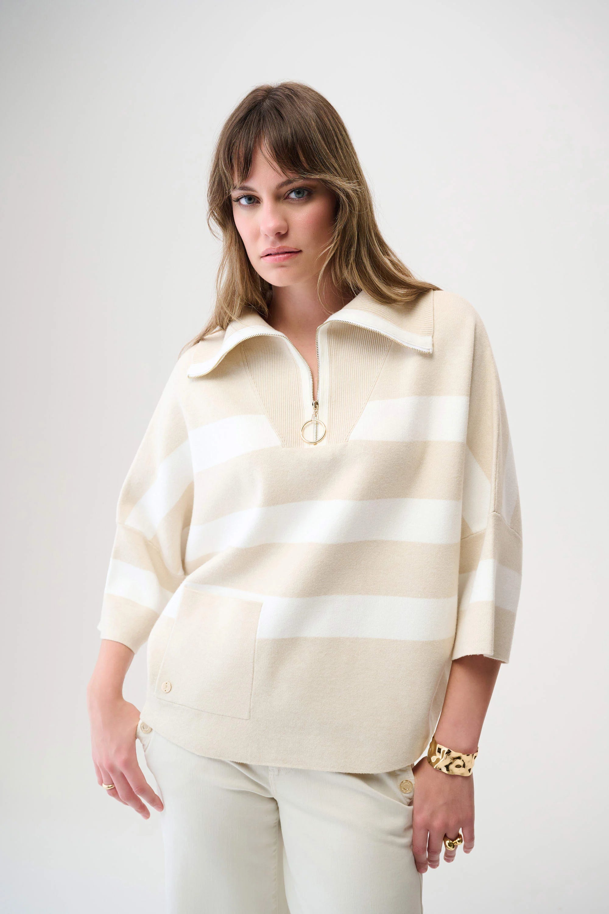 Brushed Viscose Stripe Print Boxy Sweater with Zipped Collar