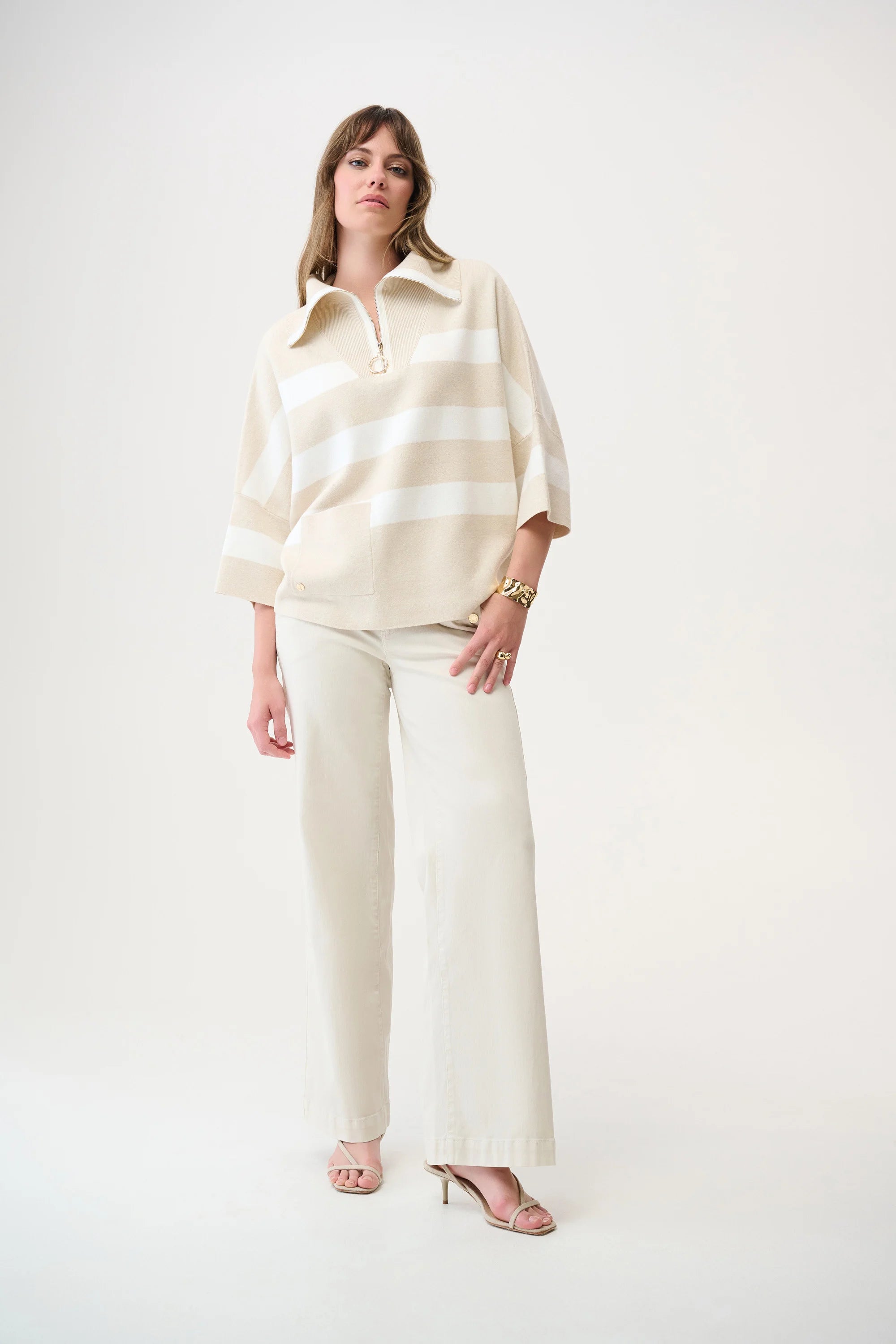 Brushed Viscose Stripe Print Boxy Sweater with Zipped Collar