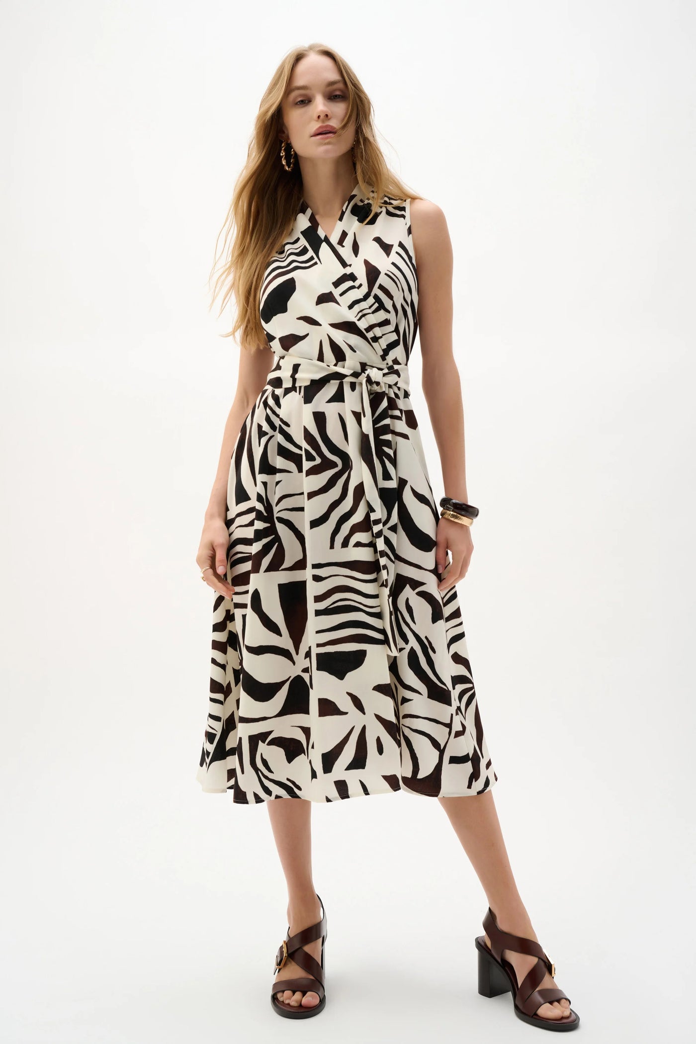 Joseph Ribkoff Gauze Tropical Print Fit And Flare Wrap Dress Style 262226 Beige/Multi / 2