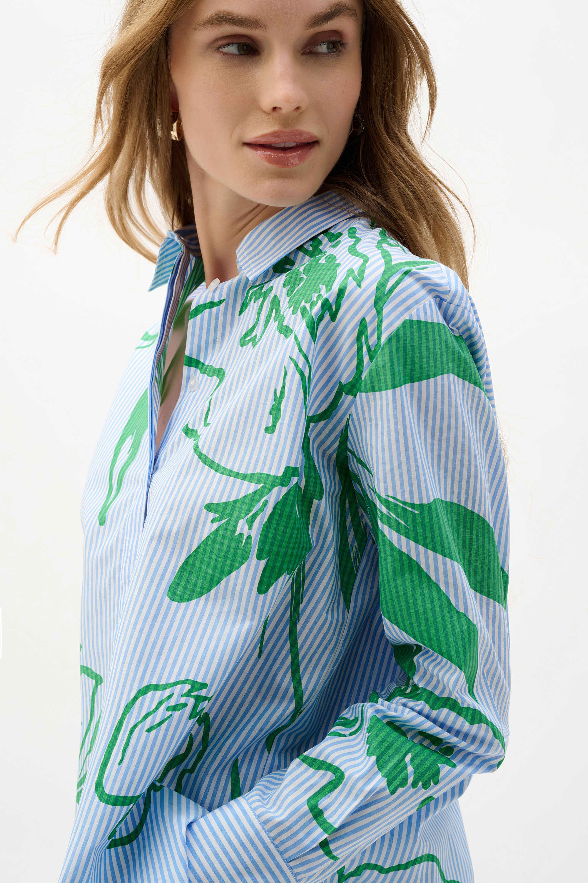 Cotton Stripe Floral Print Boxy Blouse