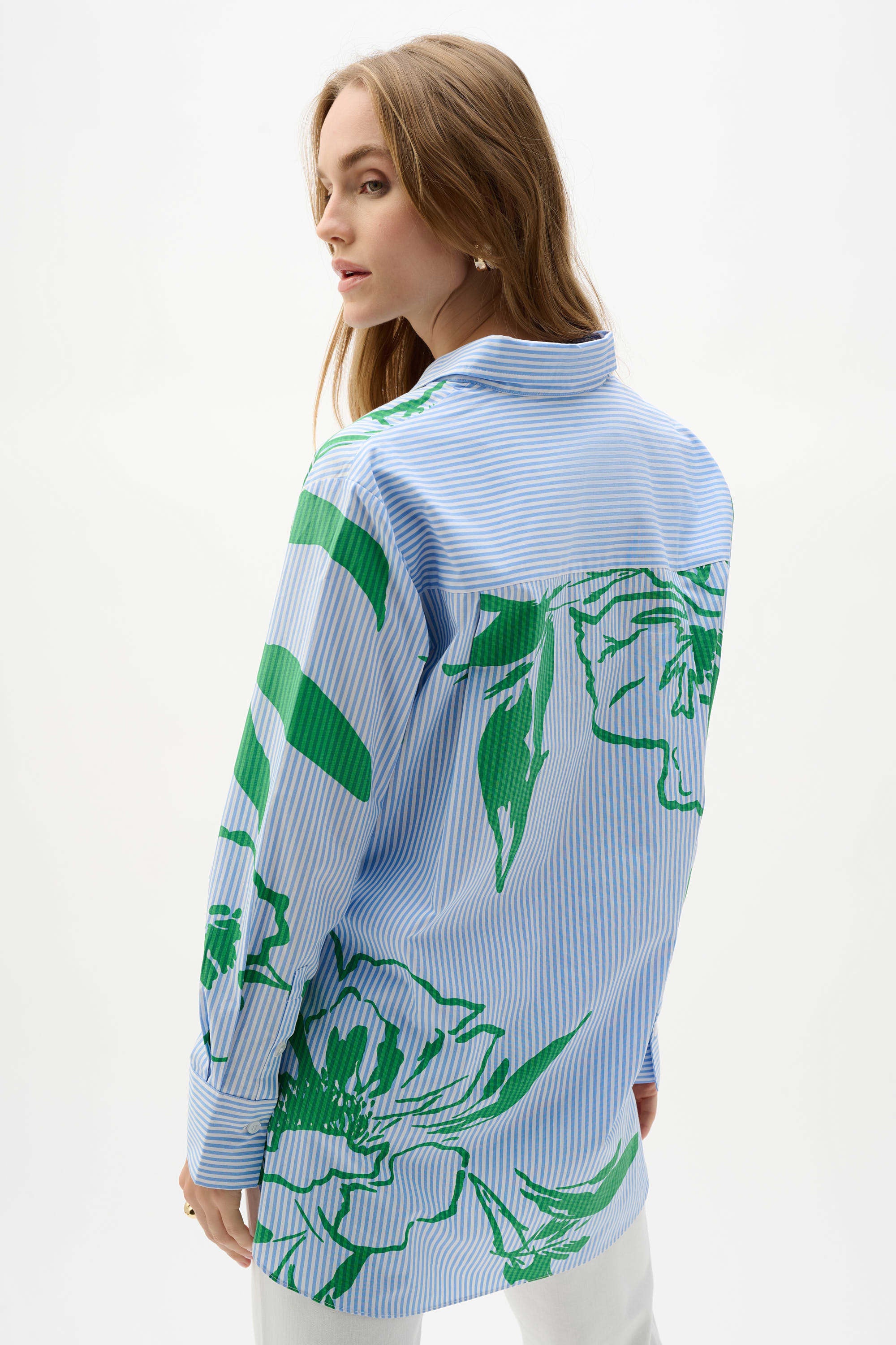 Cotton Stripe Floral Print Boxy Blouse