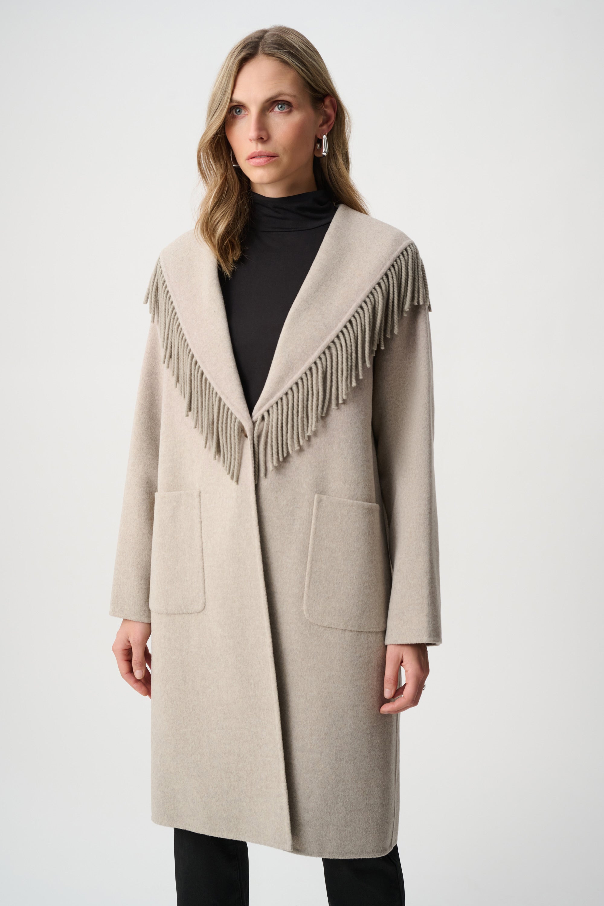 Wool Blend Shawl Collar Fringed Coat
