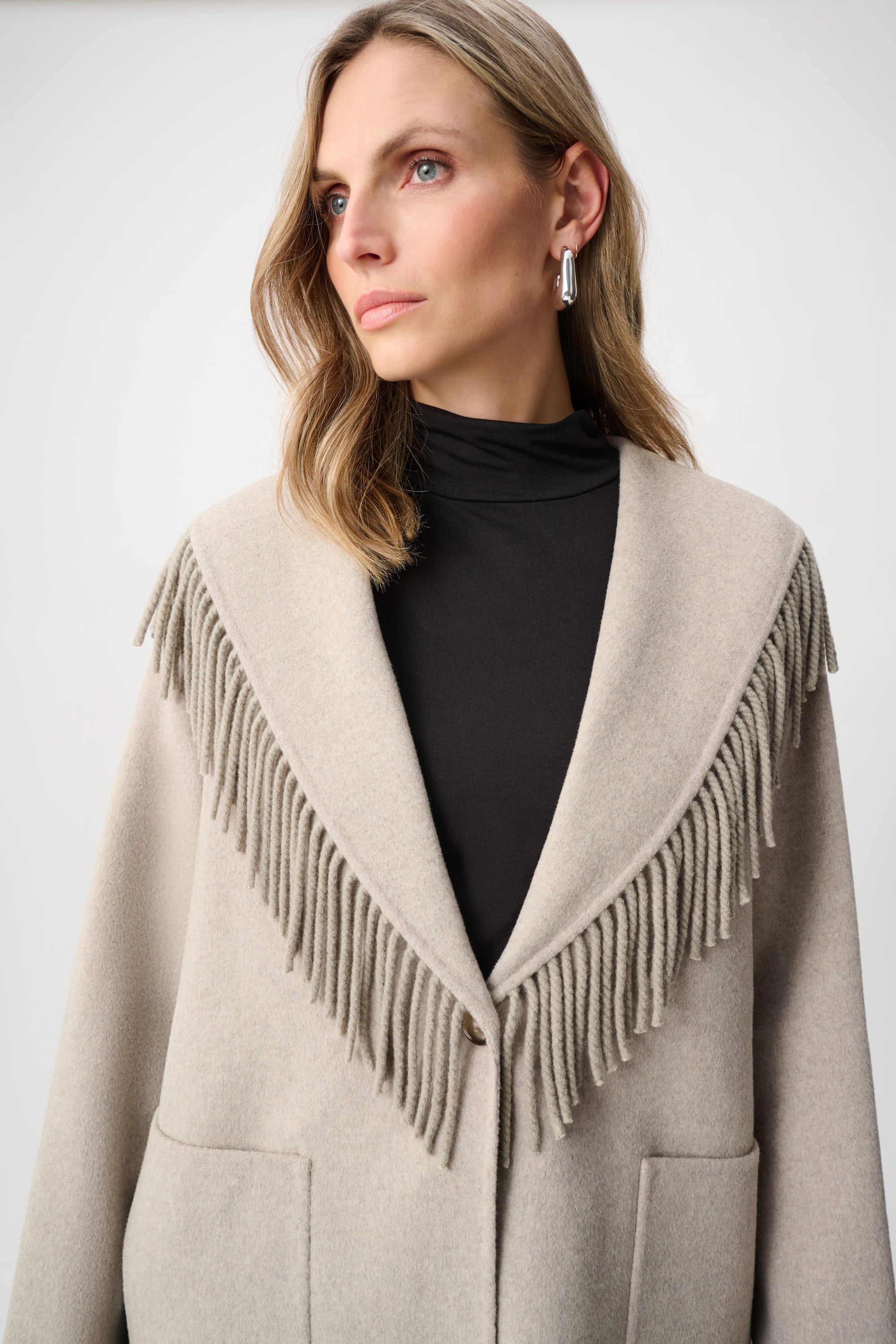 Wool Blend Shawl Collar Fringed Coat