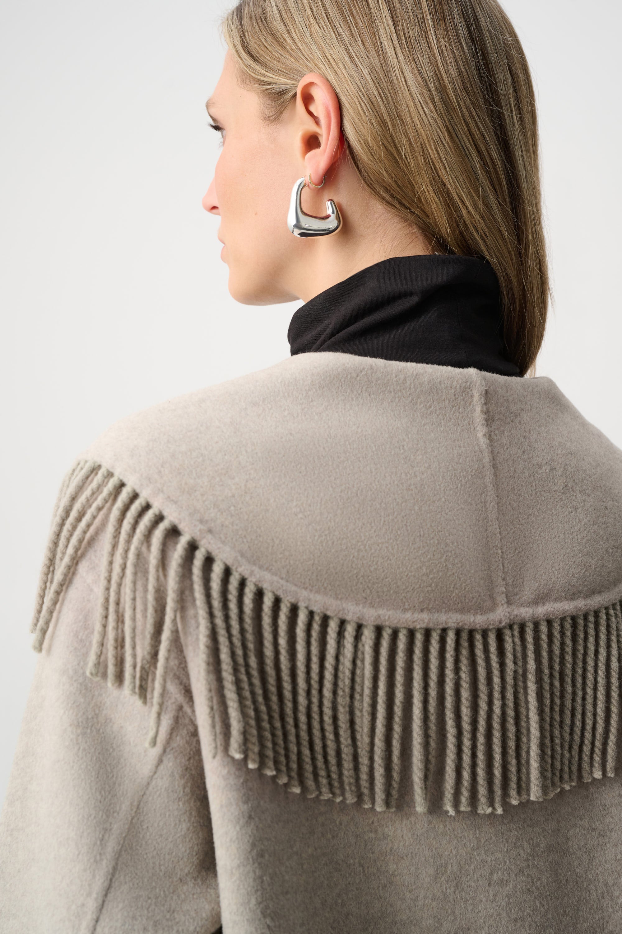 Wool Blend Shawl Collar Fringed Coat