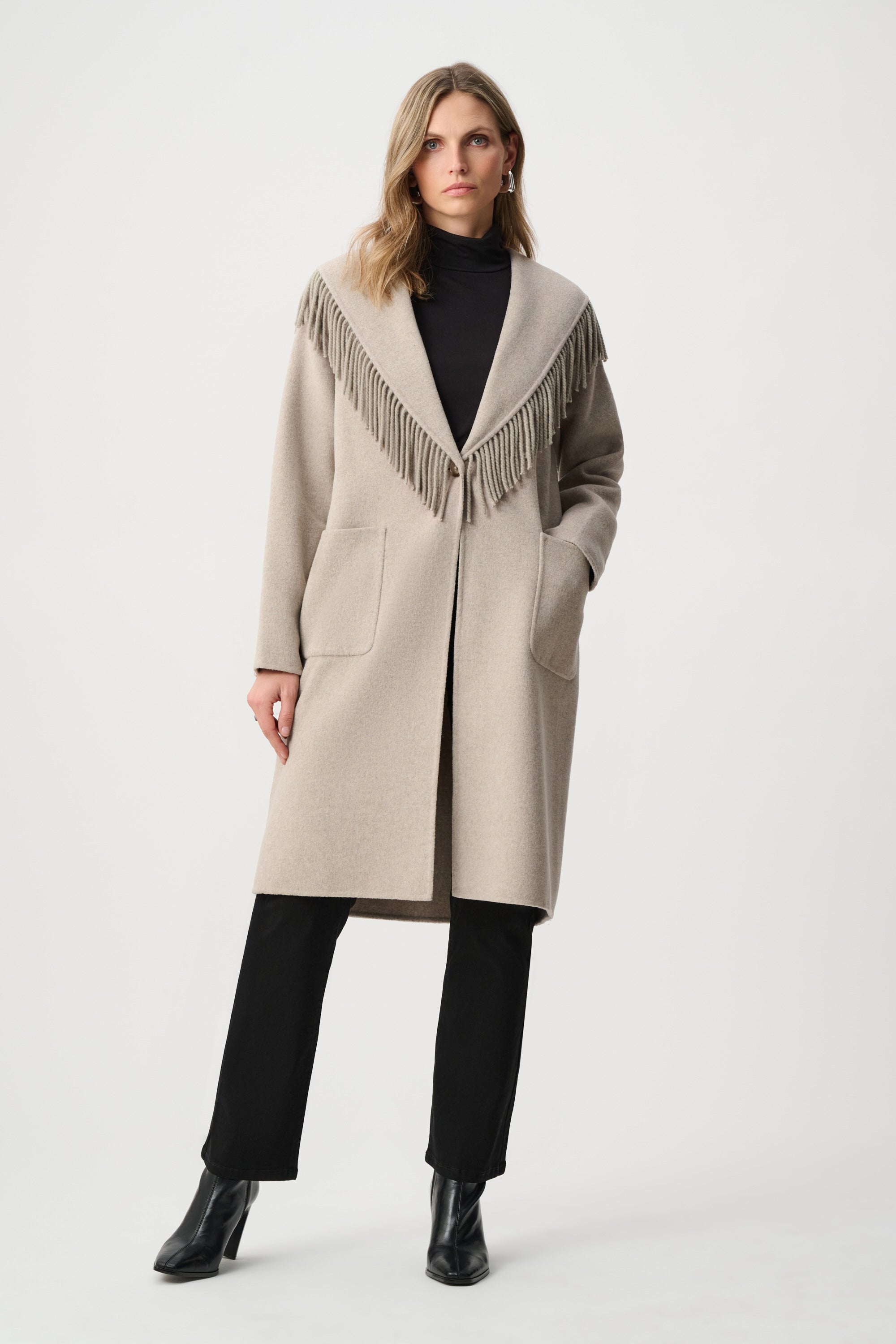Wool Blend Shawl Collar Fringed Coat