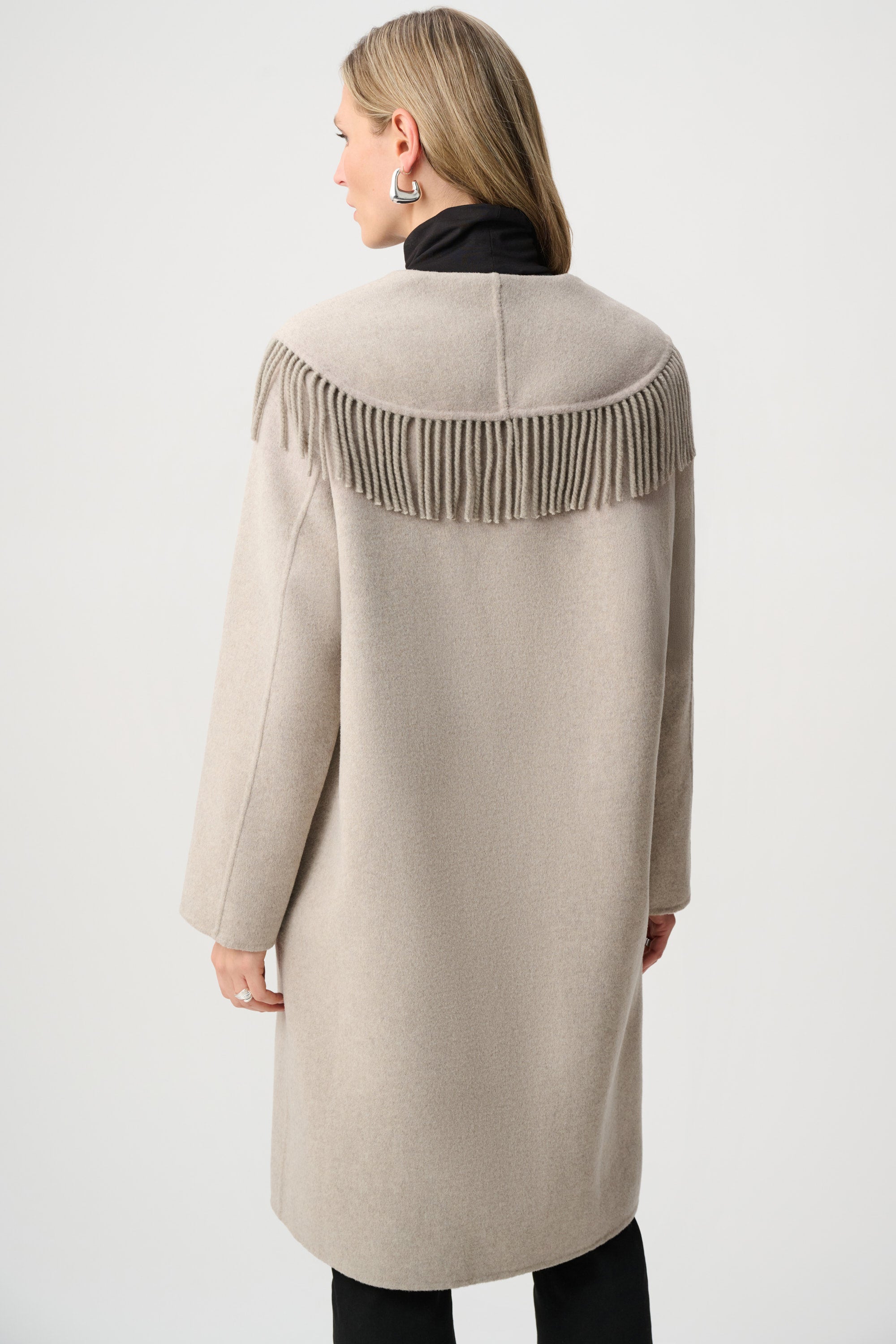 Wool Blend Shawl Collar Fringed Coat