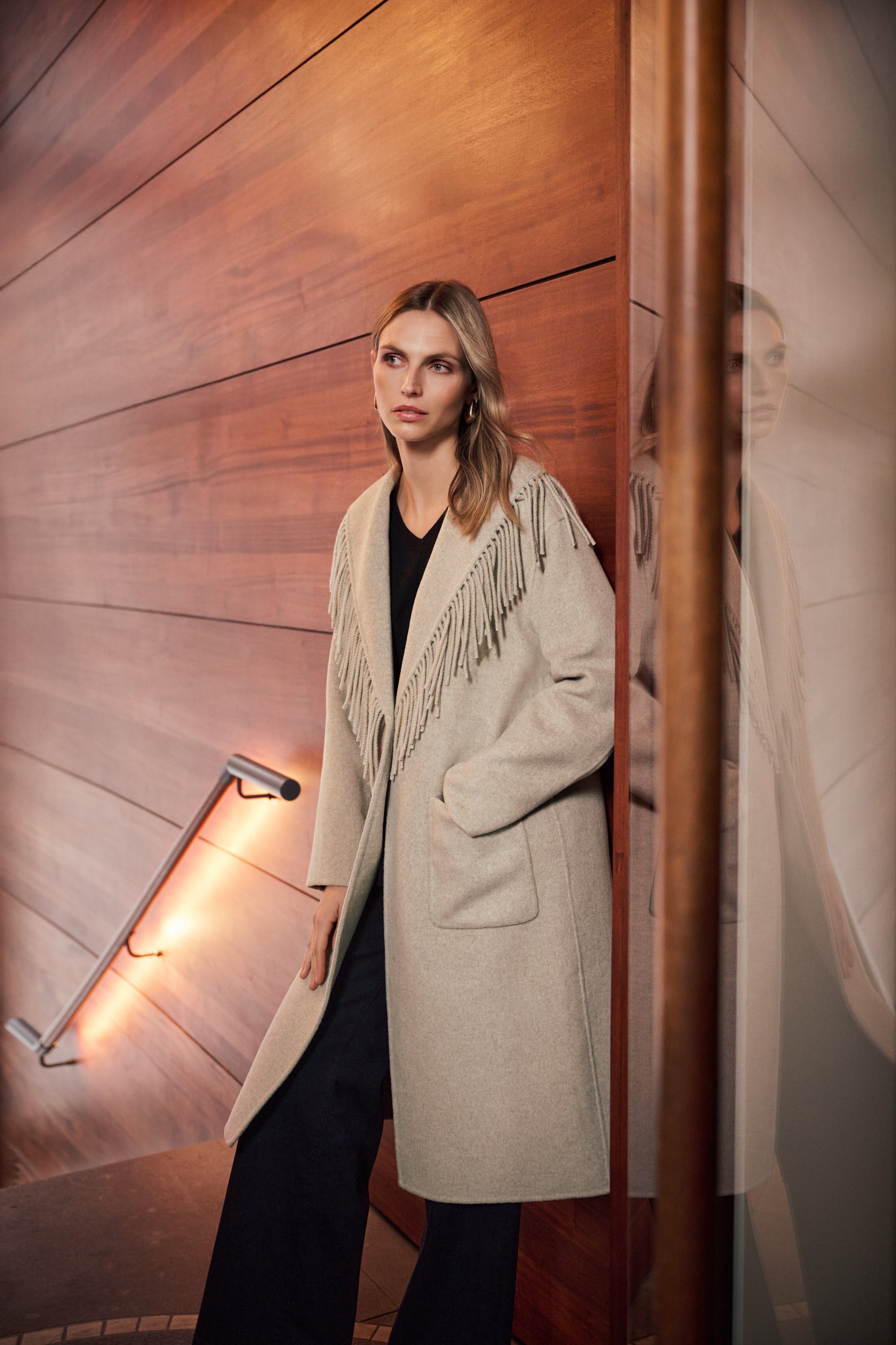 Wool Blend Shawl Collar Fringed Coat
