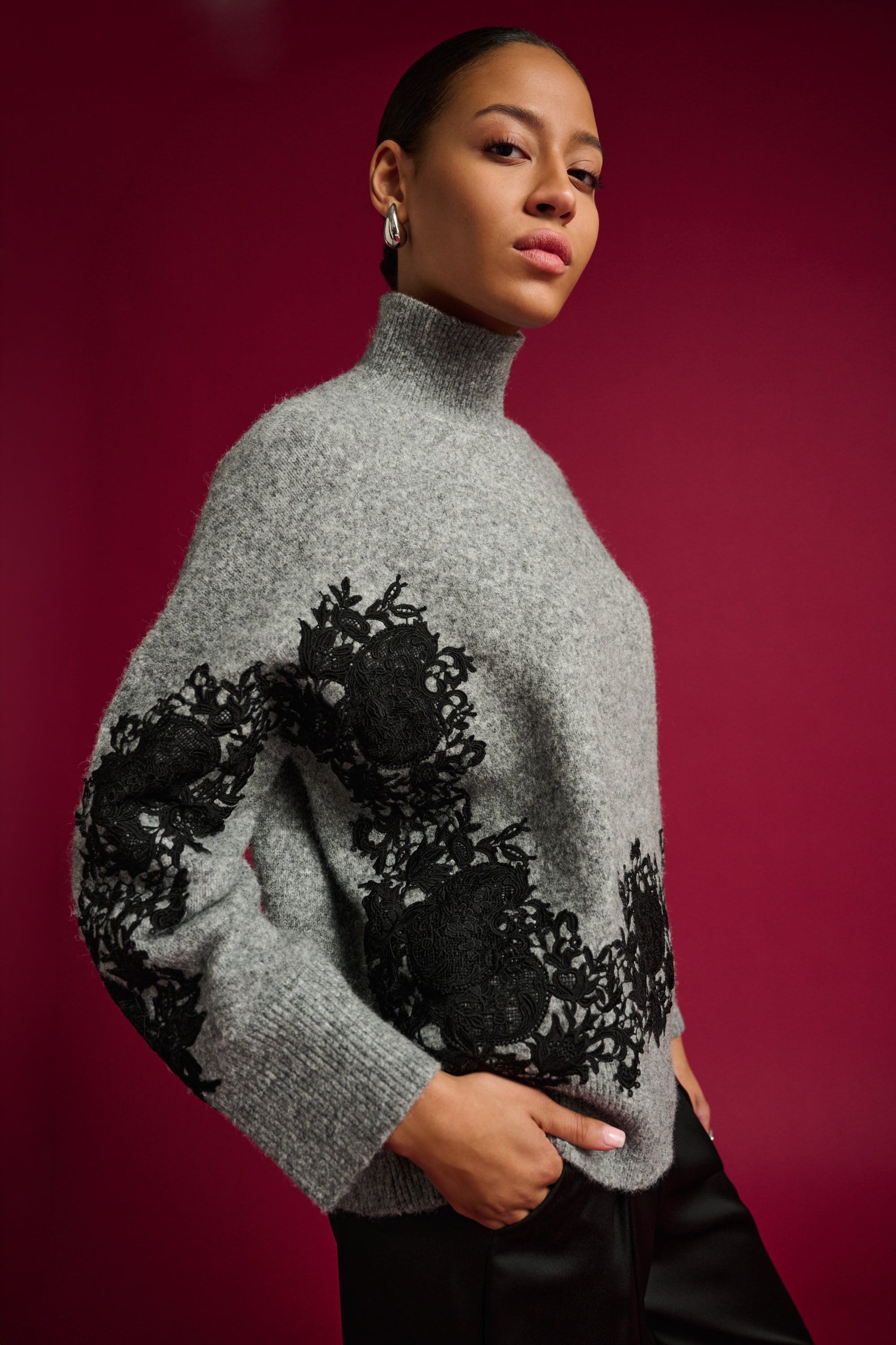 Lace Applique Mock Neck Sweater