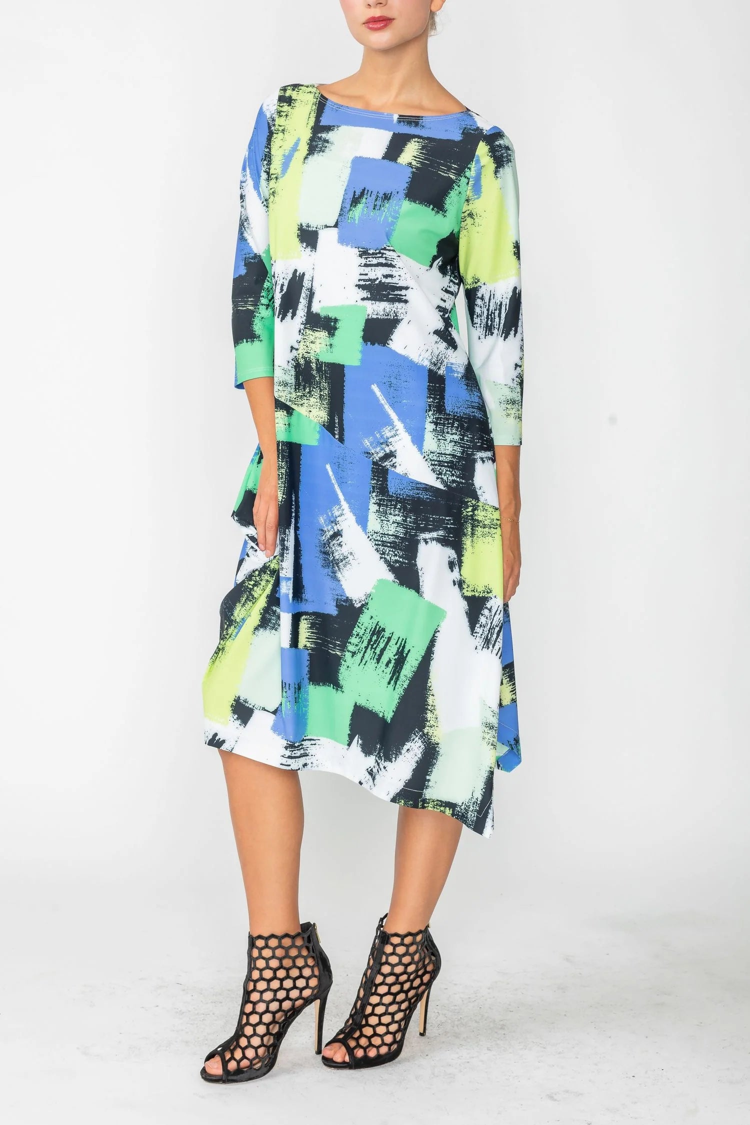 Green Boat-Neck Asymmetrical Dress