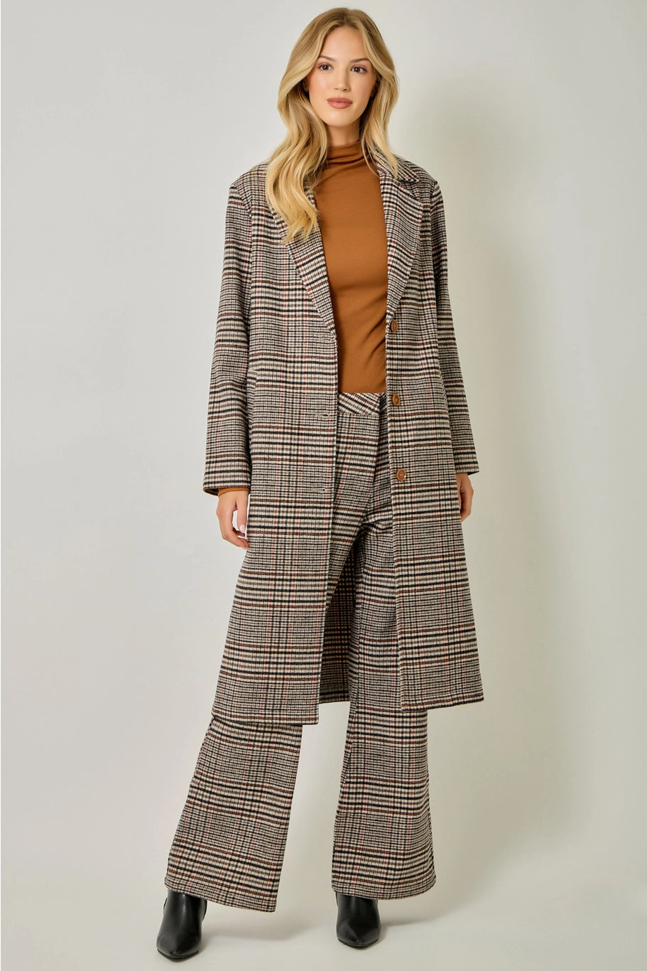 Houndstooth Plaid Long Coat