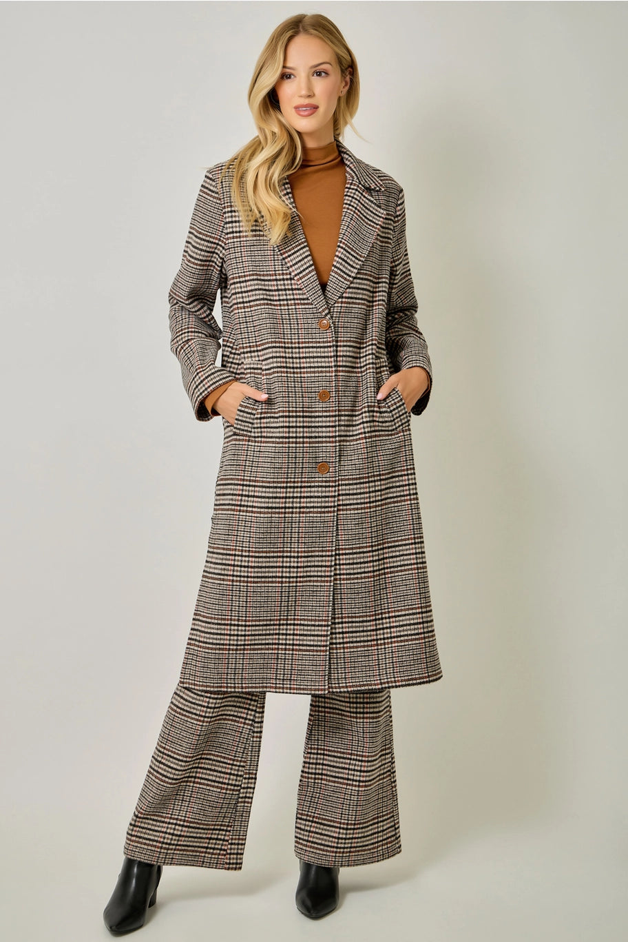 Houndstooth Plaid Long Coat