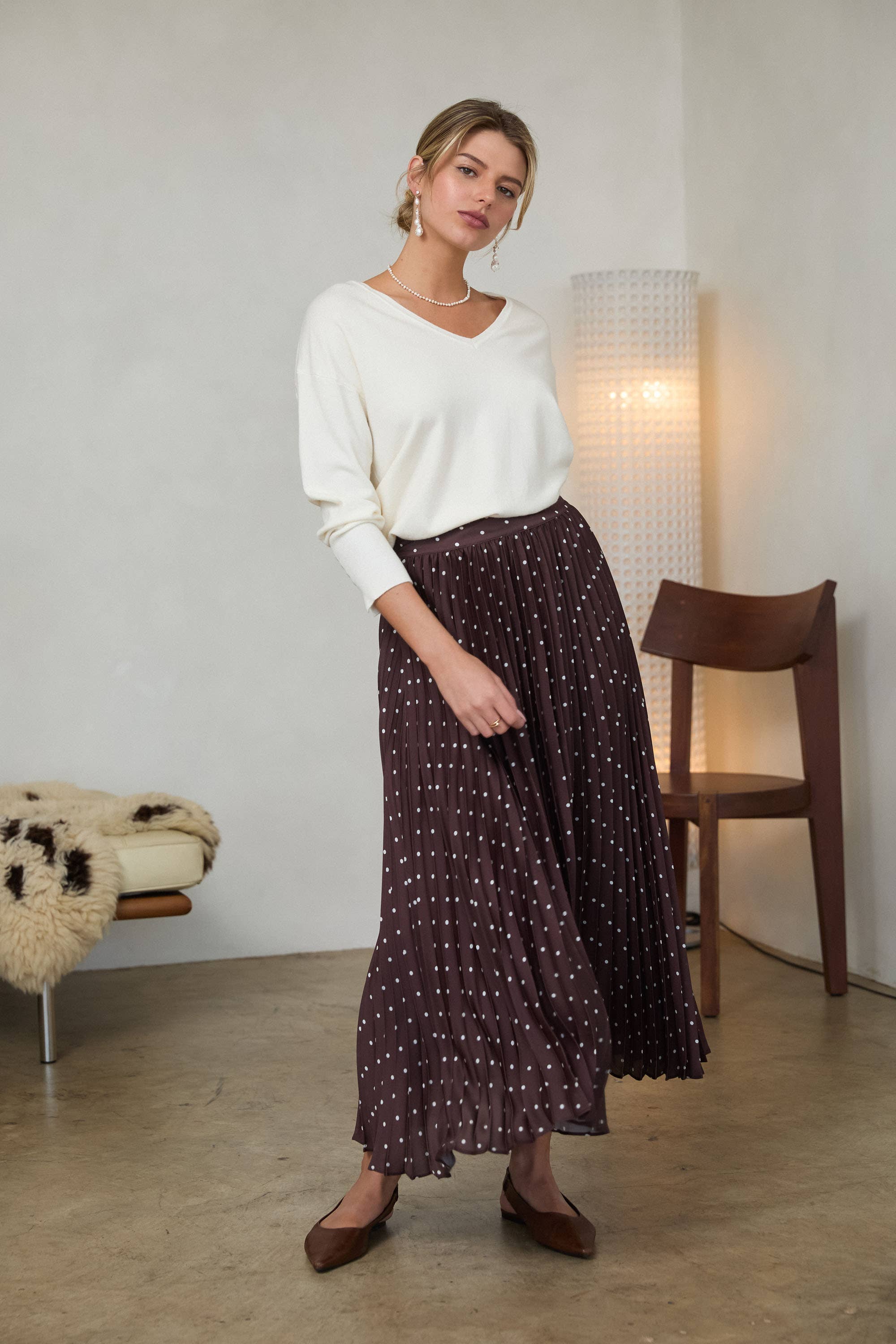 Gina Polka Dot Satin Pleated Skirt