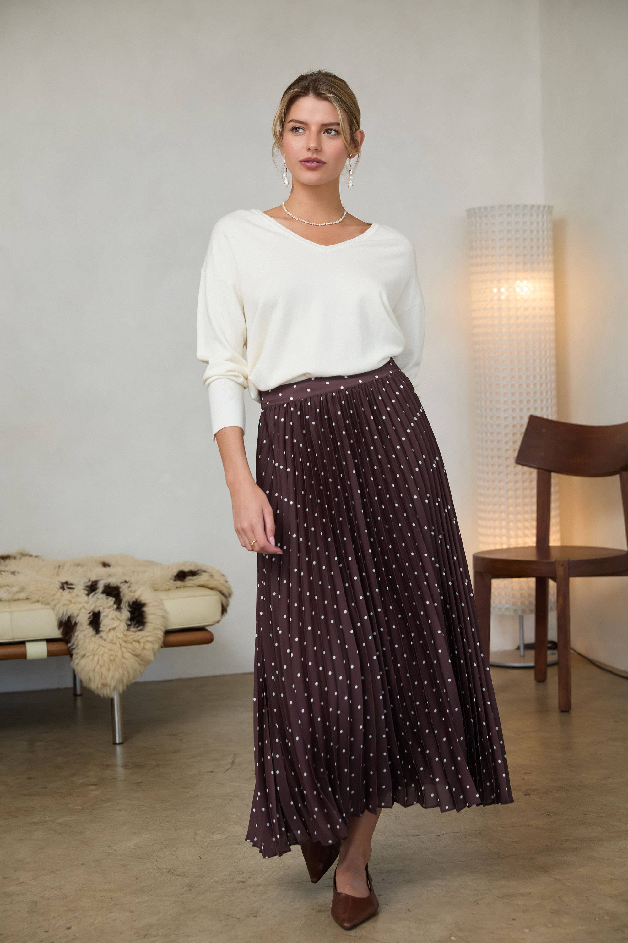 Gina Polka Dot Satin Pleated Skirt