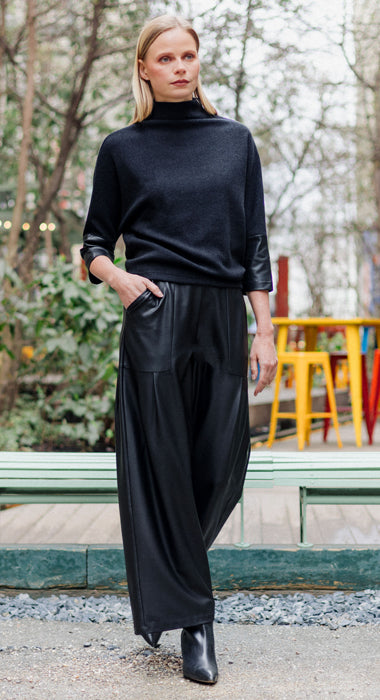 Faux Cahmere Funnel Neck Sweater w/ leather cuff