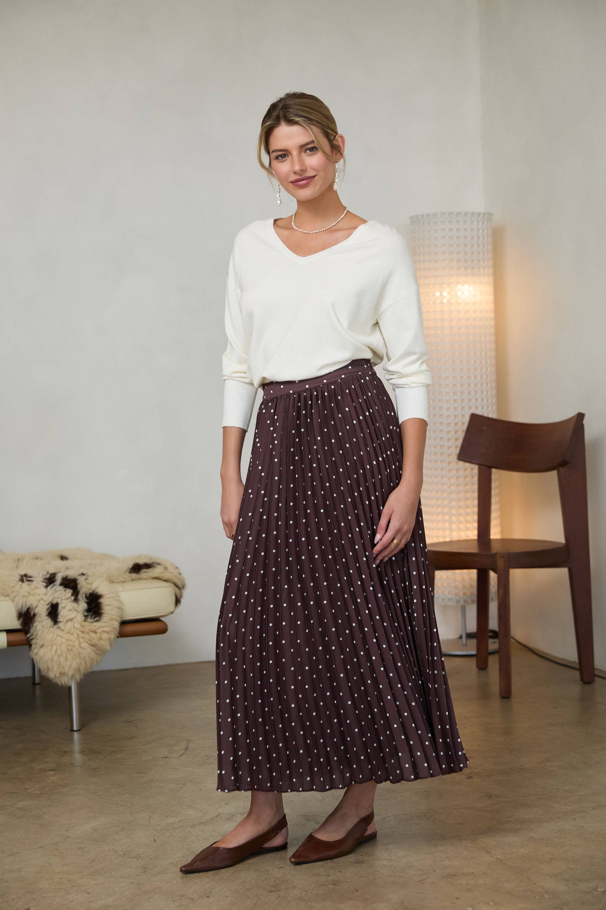 Gina Polka Dot Satin Pleated Skirt