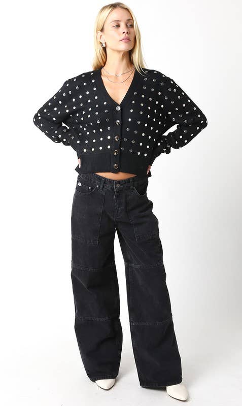 Kayla Studded Knit Cardigan: Black
