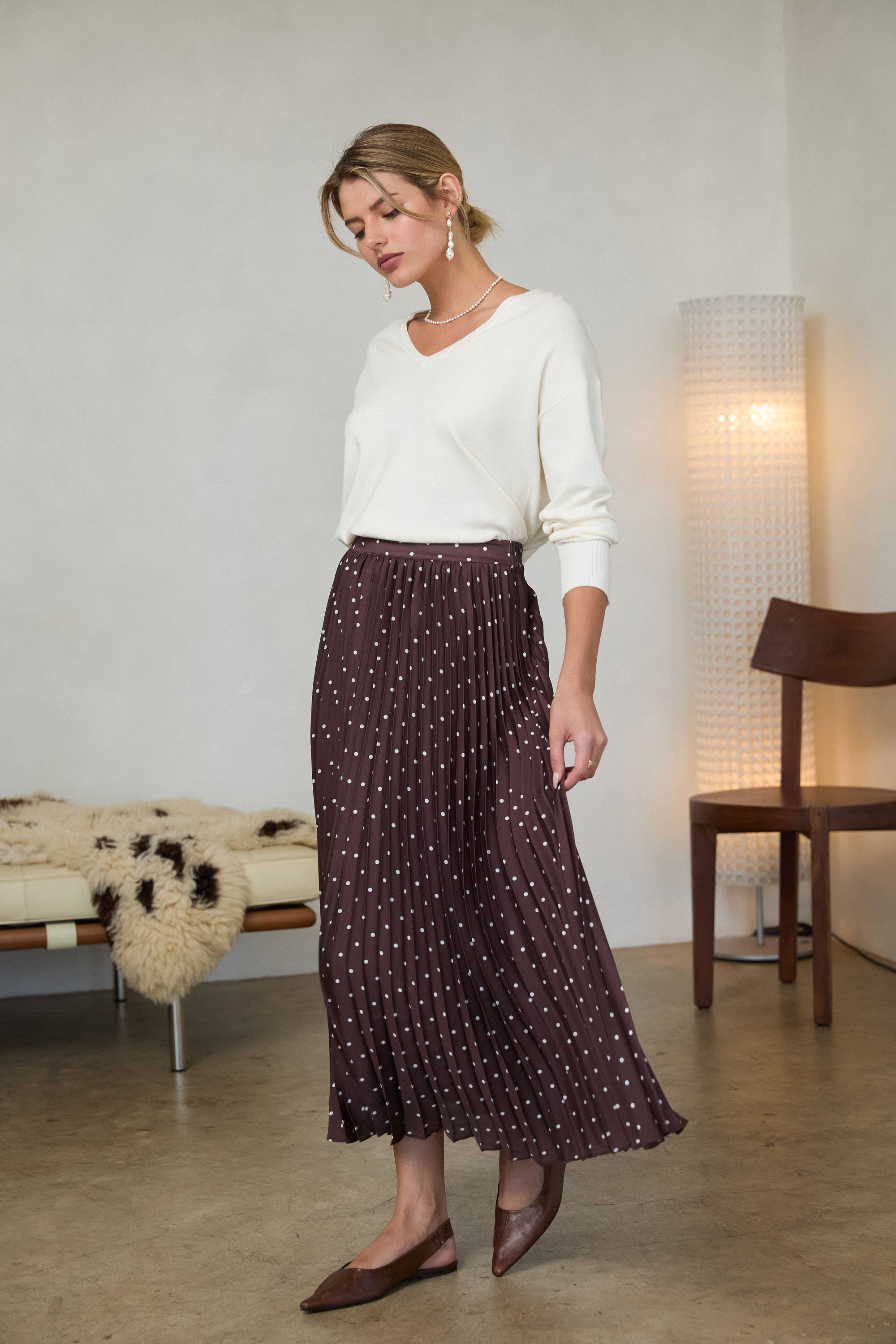 Gina Polka Dot Satin Pleated Skirt