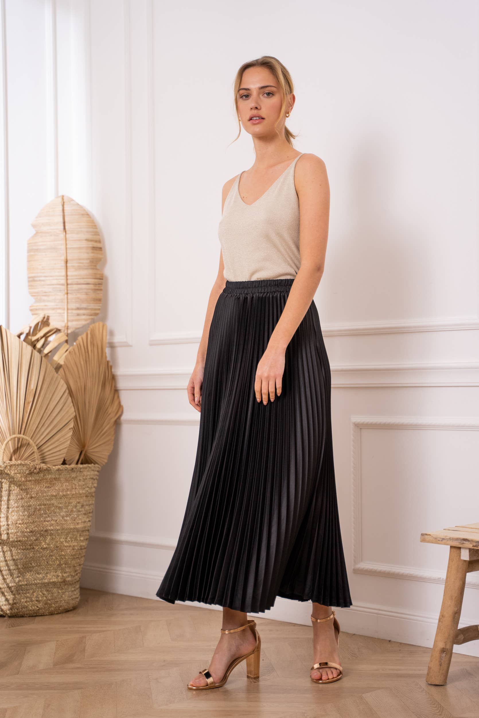 Rosali Solid Satin Pleated Skirt